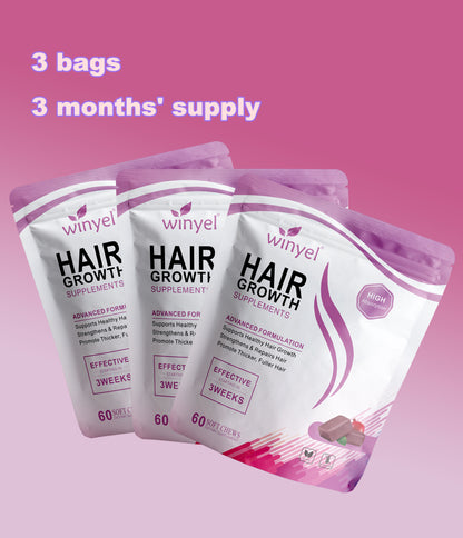 Hair growth supplement pouches shown in a set of three with “3 months' supply” text