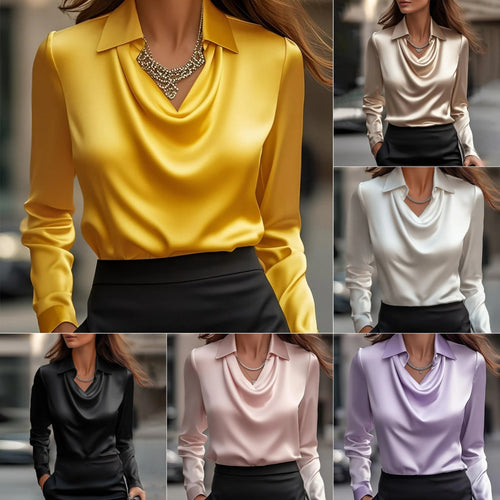 Women’s satin draped blouse with swing collar, long sleeves, gold color