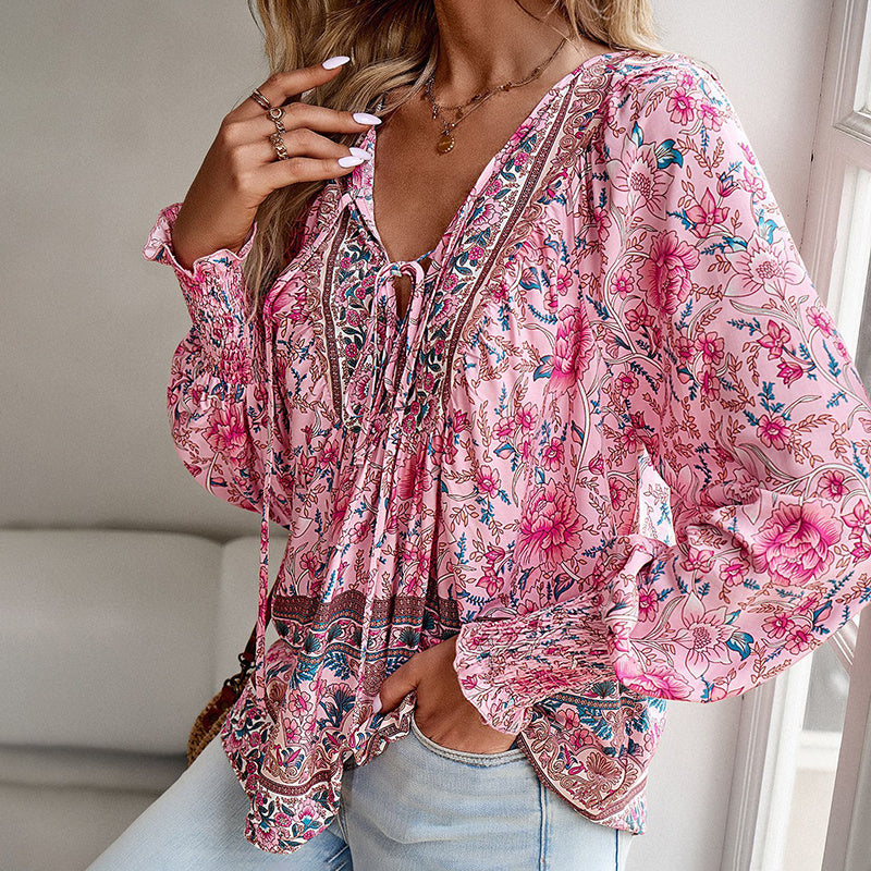 Women's Boho Chic Long Sleeve Blouse Floral Print V-Neck Top With Lace-Up & Drawstring Detail Elegant Vacation Shirt