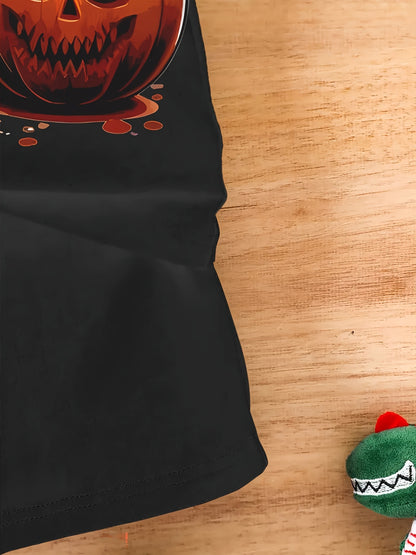 Men's Casual Polyester Round Neck T-shirt With 3D Shark And Halloween Pumpkin Fitted Knit Fabric, Slightly Elastic