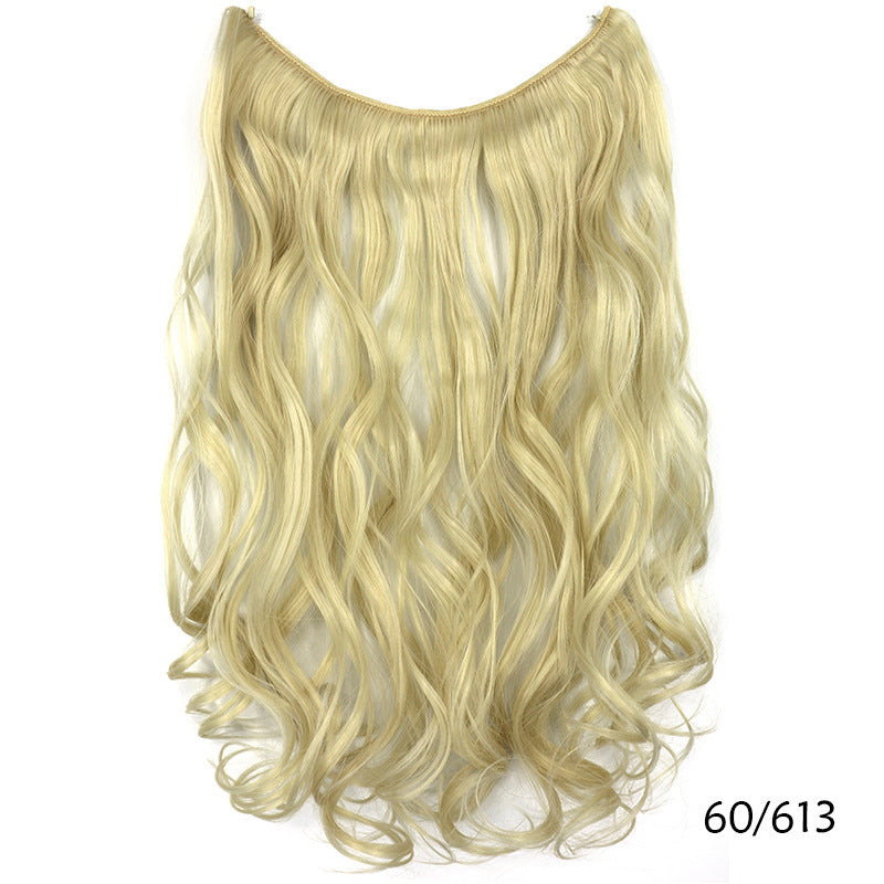 Seamless one-piece hair extension wig with long wavy pale blonde hair, no visible part