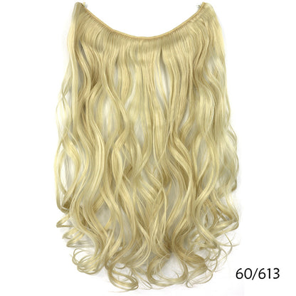 Seamless one-piece hair extension wig with long wavy pale blonde hair, no visible part