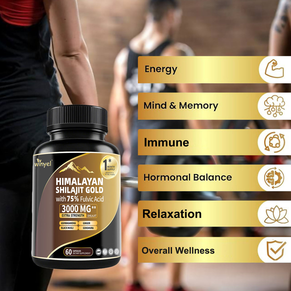 Shilajit Gold bottle with icon feature labels on a yellow panel