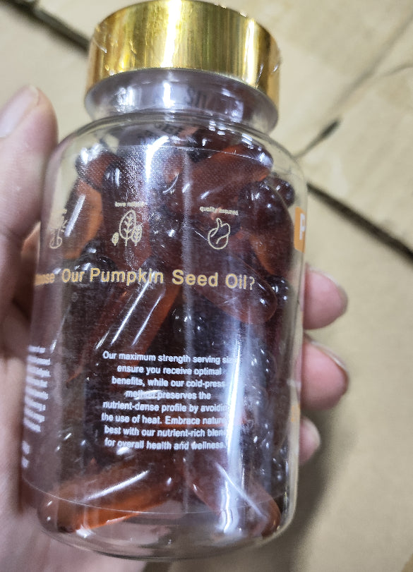 Pumpkin seed oil soft capsules bottle, back label text visible