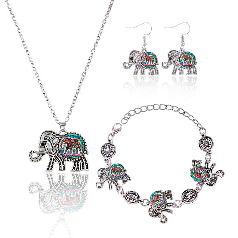 Vintage Silver Elephant Jewelry Set For Women