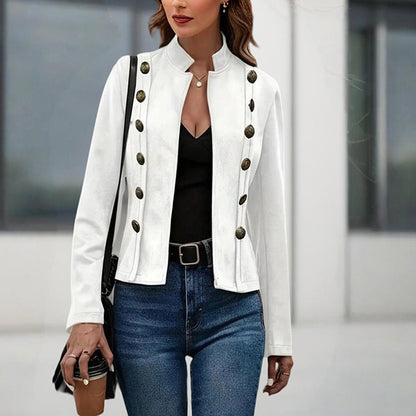 Women's Stand Collar Double-Breasted Jacket - Solid Color Long Sleeve Streetwear Coat Lightweight