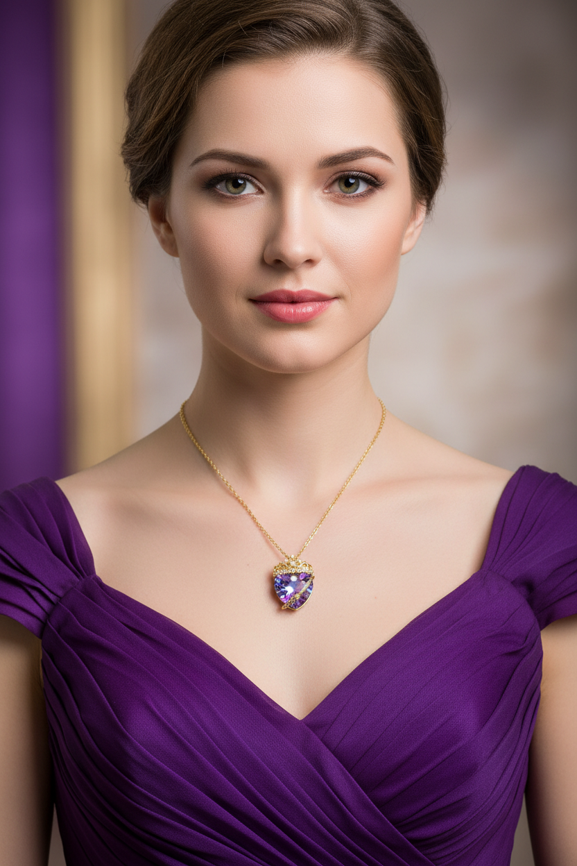 Gold-tone heart pendant necklace with purple-blue crystal centerpiece on chain