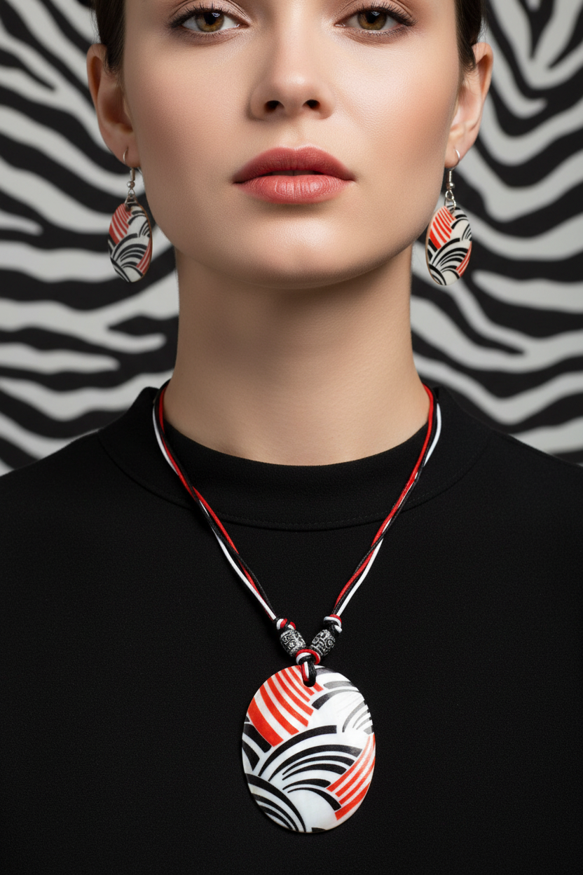 Shell necklace and earring set with oval striped pendant and hanging striped earrings