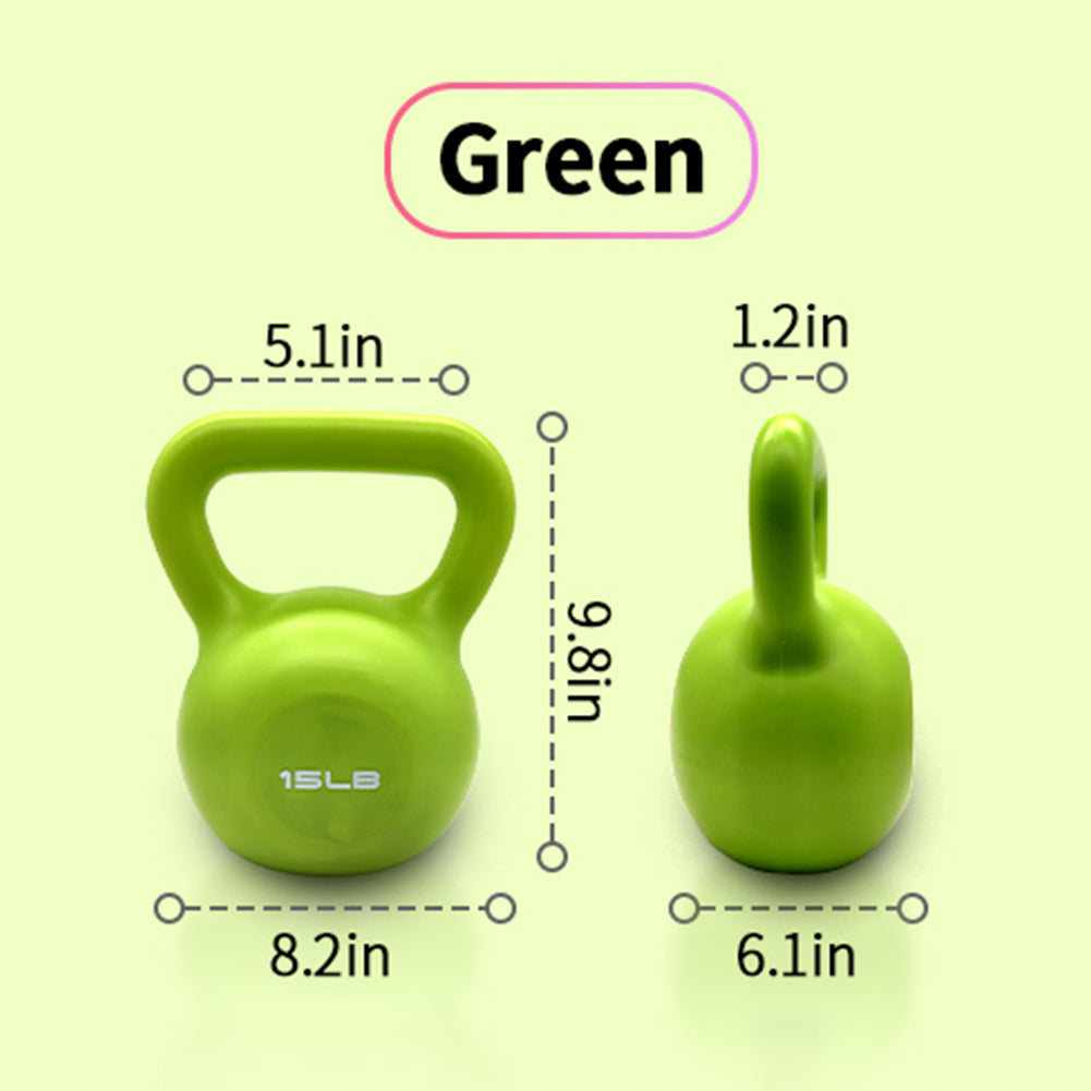 Green 15 lb kettlebell with size measurements for handle and body