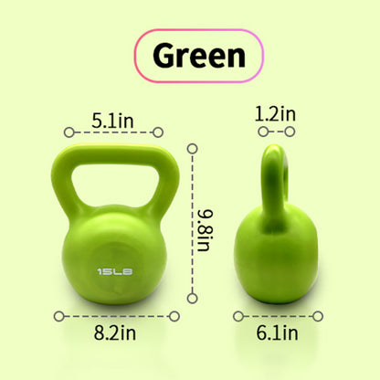 Green 15 lb kettlebell with size measurements for handle and body