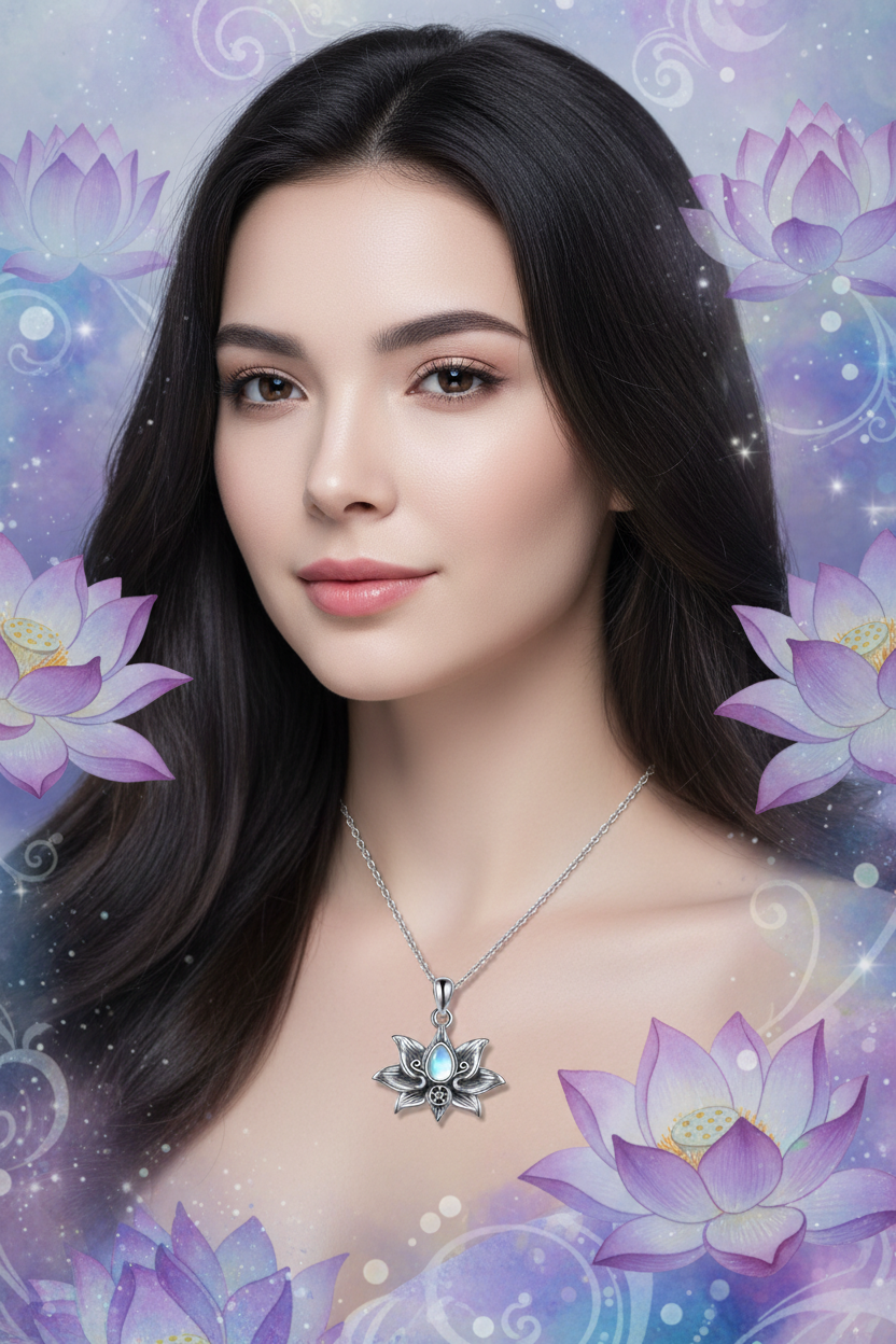 Silver lotus flower pendant necklace with blue cabochon, hanging on fine chain near collar.