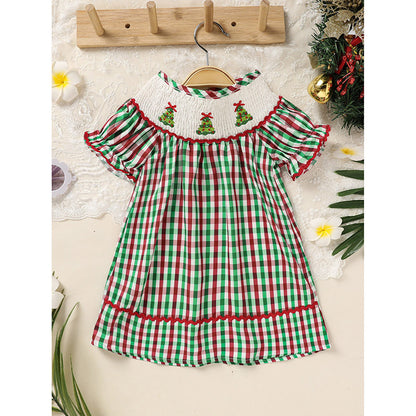 Toddler Infant Baby Girls Short Sleeve Christmas Tree Embroidered Plaid Casual Party Dresses