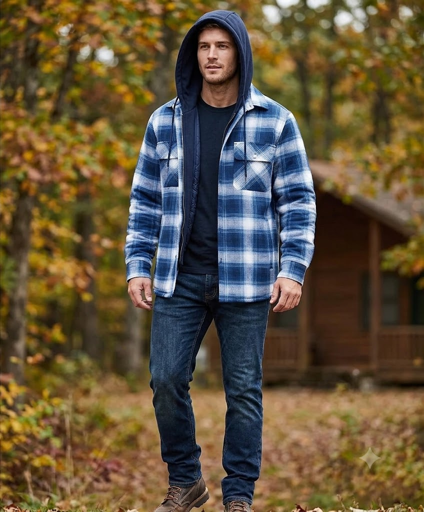 Plaid hooded insulated jacket in blue with zip front, worn over dark shirt