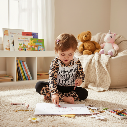 Toddler Girls Fall Winter Outfits Leopard Letter Print Crewneck Long Sleeve Sweatshirt Top & Sweatpants 2 Piece Clothing Set