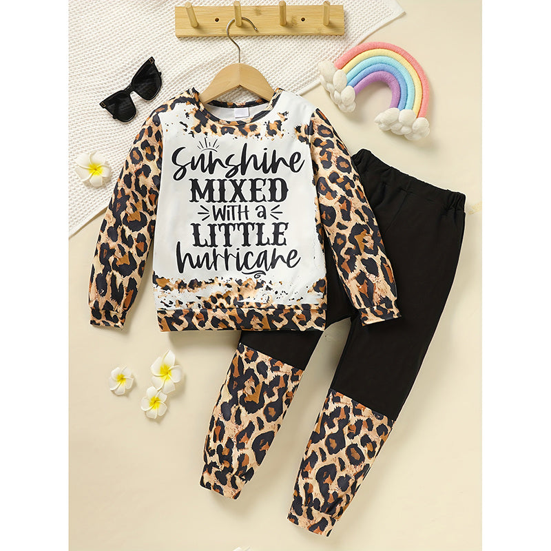Toddler Girls Fall Winter Outfits Leopard Letter Print Crewneck Long Sleeve Sweatshirt Top & Sweatpants 2 Piece Clothing Set