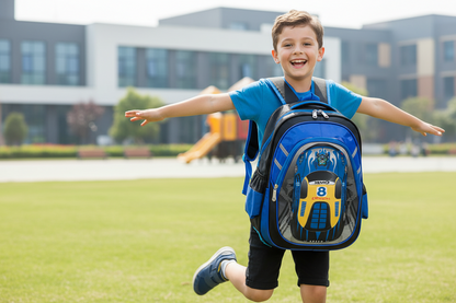 Blue detachable trolley schoolbag with front number 8 graphic and top carry handle