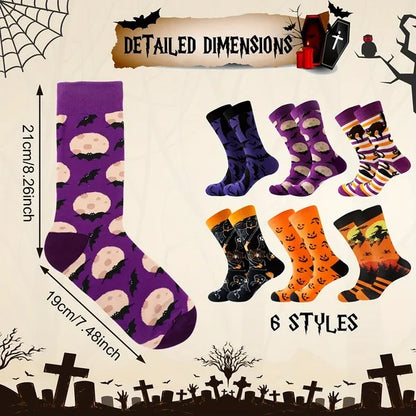 6 Pairs Halloween Socks For Men Women Girls Funny Pumpkin Spider Black Cat Cotton Sock Set