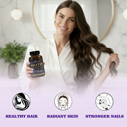Winyel biotin collagen keratin supplement bottle in woman’s hand