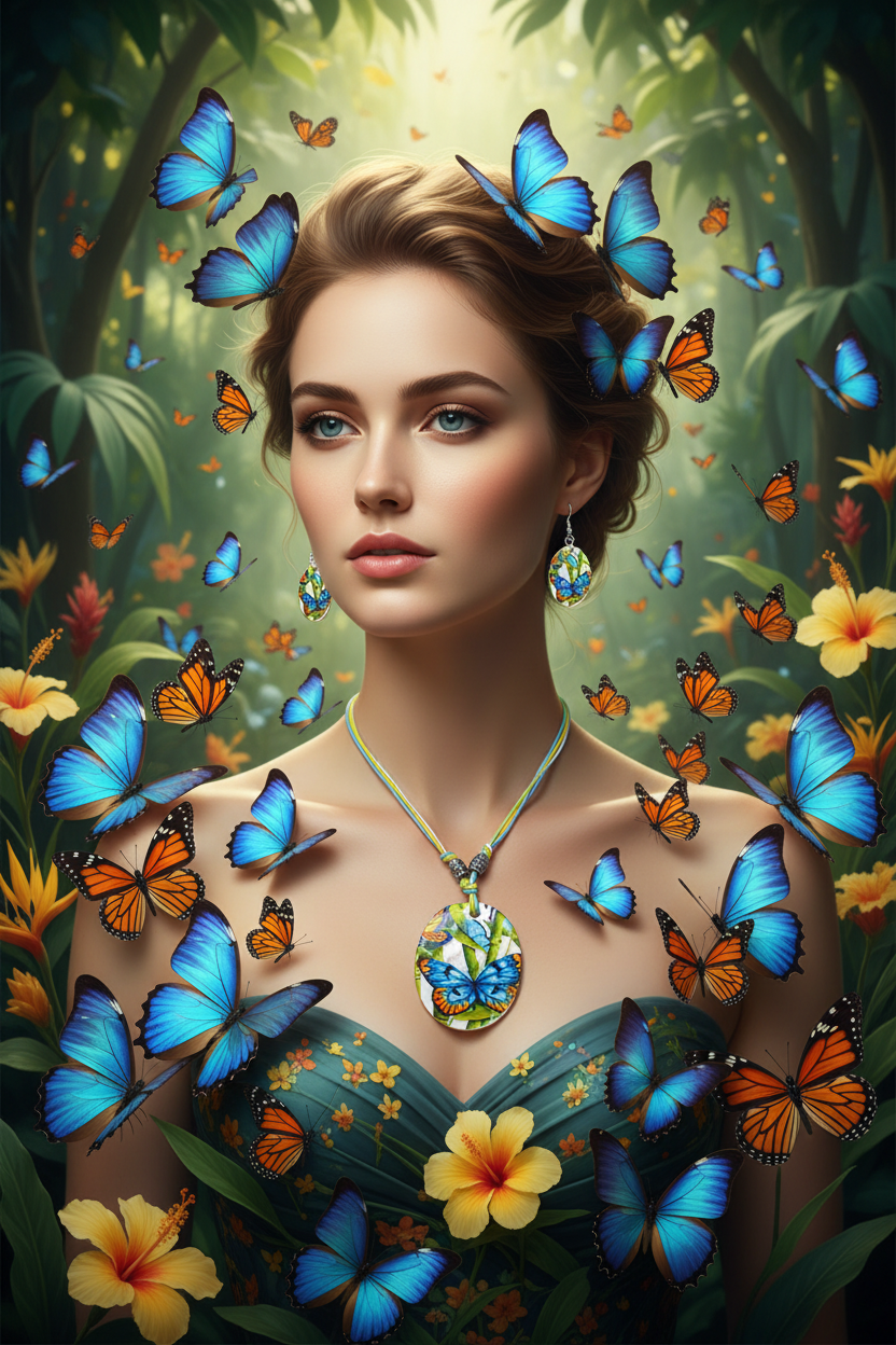 Shell jewelry set with blue butterfly oval pendant and matching drop earrings