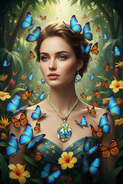 Shell jewelry set with blue butterfly oval pendant and matching drop earrings