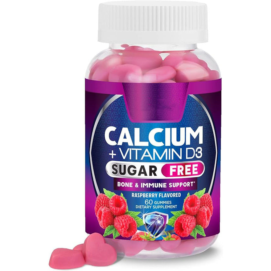 Calcium + Vitamin D3 sugar-free raspberry gummy bottle with pink gummies at front