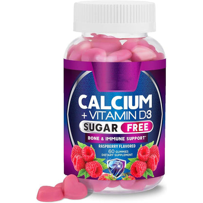 Calcium + Vitamin D3 sugar-free raspberry gummy bottle with pink gummies at front
