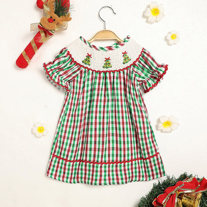 Toddler Infant Baby Girls Short Sleeve Christmas Tree Embroidered Plaid Casual Party Dresses