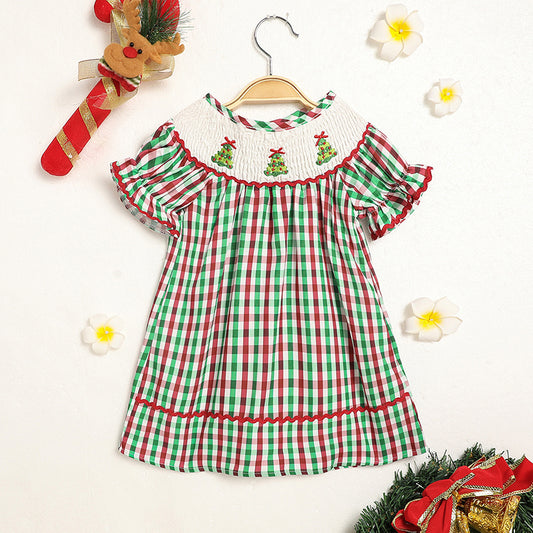 Toddler Infant Baby Girls Short Sleeve Christmas Tree Embroidered Plaid Casual Party Dresses