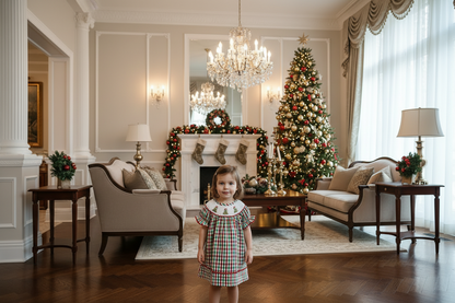 Toddler plaid Christmas dress with embroidered collar and gathered skirt, short sleeves