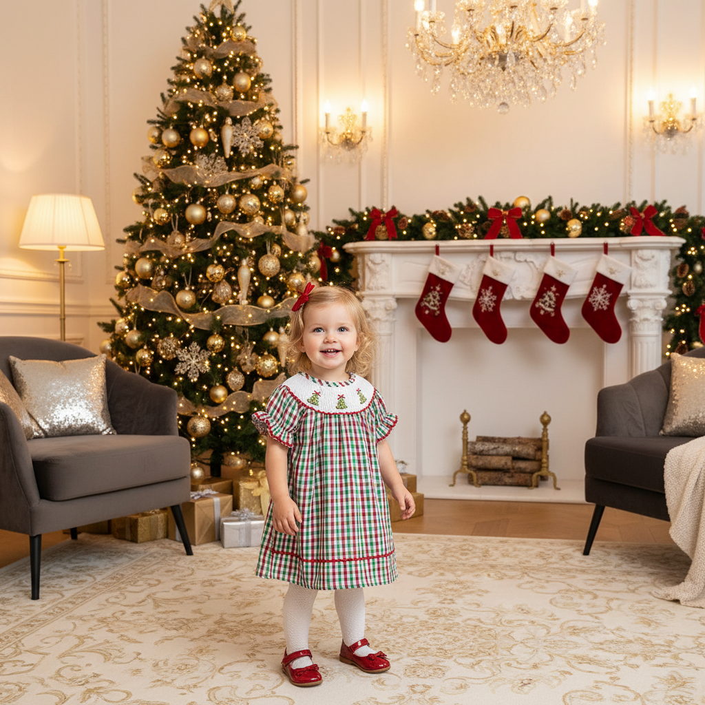 Toddler plaid Christmas dress with embroidered neckline and ruffled cap sleeves, mid-calf length