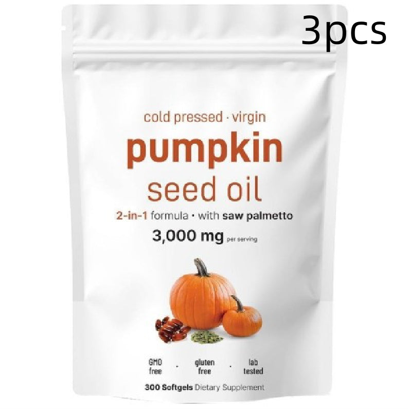Pumpkin seed oil softgel pouch labeled 3PCS, 300 softgels, saw palmetto 2-in-1