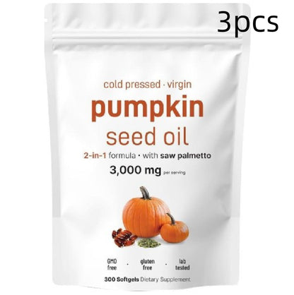 Pumpkin seed oil softgel pouch labeled 3PCS, 300 softgels, saw palmetto 2-in-1