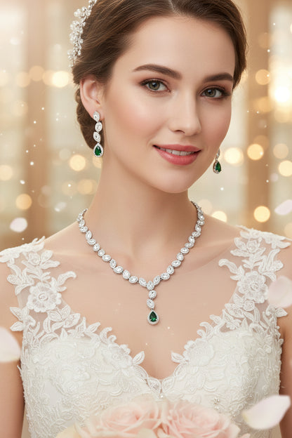 Zircon necklace and drop earrings set, silver-toned with green center stone
