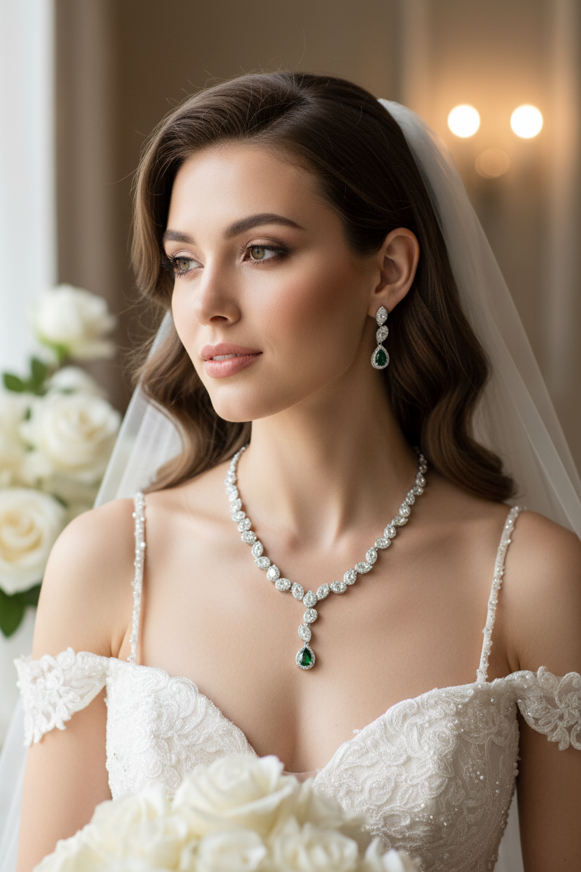 White lace off-shoulder wedding dress with zircon pendant necklace and drop earrings
