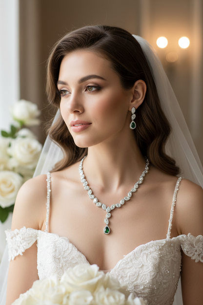 White lace off-shoulder wedding dress with zircon pendant necklace and drop earrings
