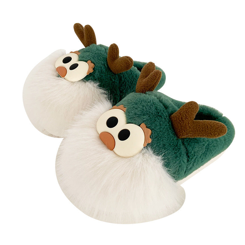 Cute Cartoon Christmas Deer Cotton Winter Slippers Half-covered Heel Plush Shoes