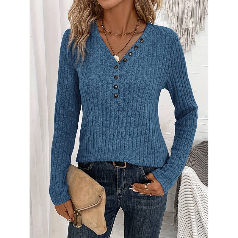 Women's Long Sleeves Ribbed Knit Tunic Shirts V Neck Button Down Slim Fit Blouses Tops