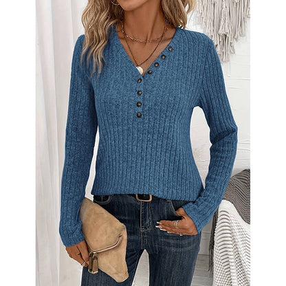 Women's Long Sleeves Ribbed Knit Tunic Shirts V Neck Button Down Slim Fit Blouses Tops