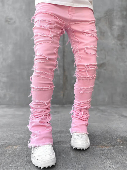 Trousers Individual Patched Pants Long Tight Fit Stacked Jeans For Men