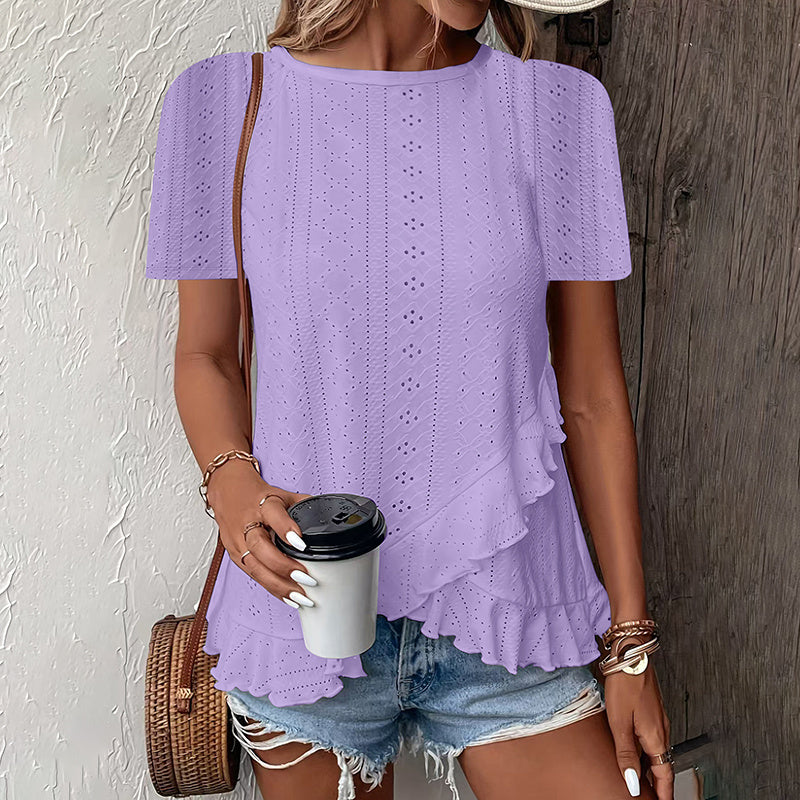 Women's Ruffle Hem Short Sleeve T-Shirt Casual Summer Crew Neck Blouses Top