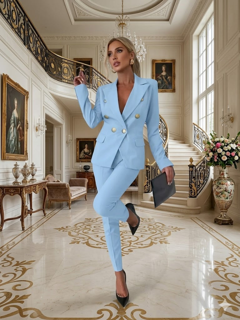 Women's light blue button-front suit jacket with matching slim trousers, office business set.