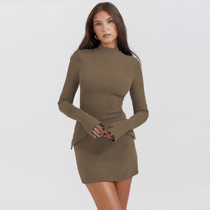 Khaki fitted long-sleeve mini dress with mock neck and side slit details