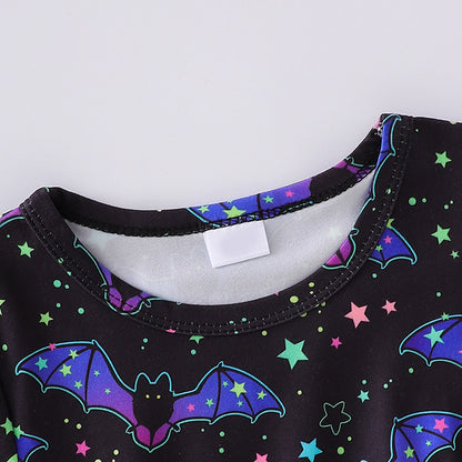 3pcs Toddler Girl's Halloween Skull Ghost Bats Print Stretch Long Sleeve A-line Dresses