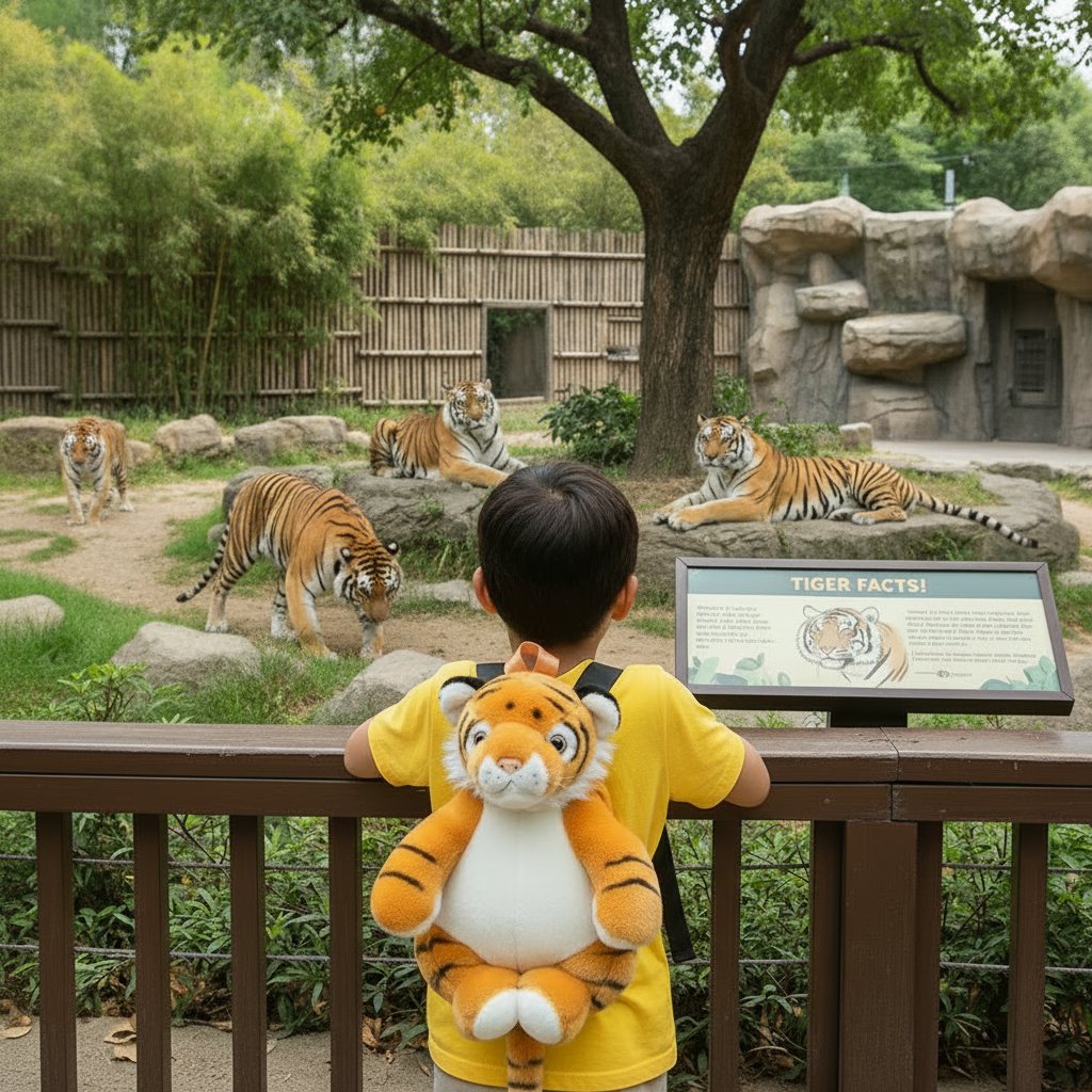 Cartoon animal school bag with orange tiger plush face and brown backpack straps