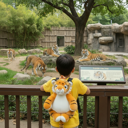 Cartoon animal school bag with orange tiger plush face and brown backpack straps