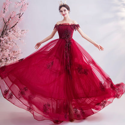 Fashionable Red One-shoulder Wedding Toast Dinner Annual Party Bridesmaid Dress Skirt