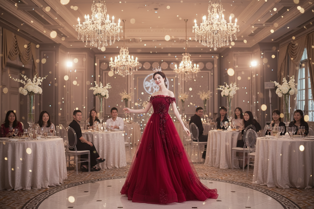 Deep red off-shoulder ball gown with detailed bodice and full skirt