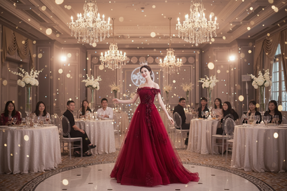 Deep red off-shoulder ball gown with detailed bodice and full skirt