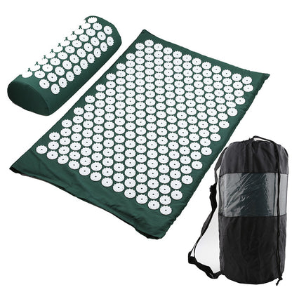 Green acupuncture yoga mat with spike clusters and matching rolled storage bag