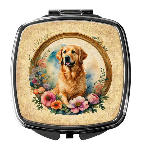 Golden Retriever and Flowers Compact Mirror
